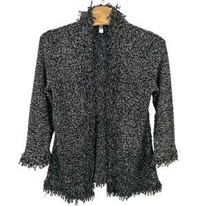 VTG 90s Womens Chico's Design Fringed Shag Sweater Knitwear Cardigan Jacket Sz 3